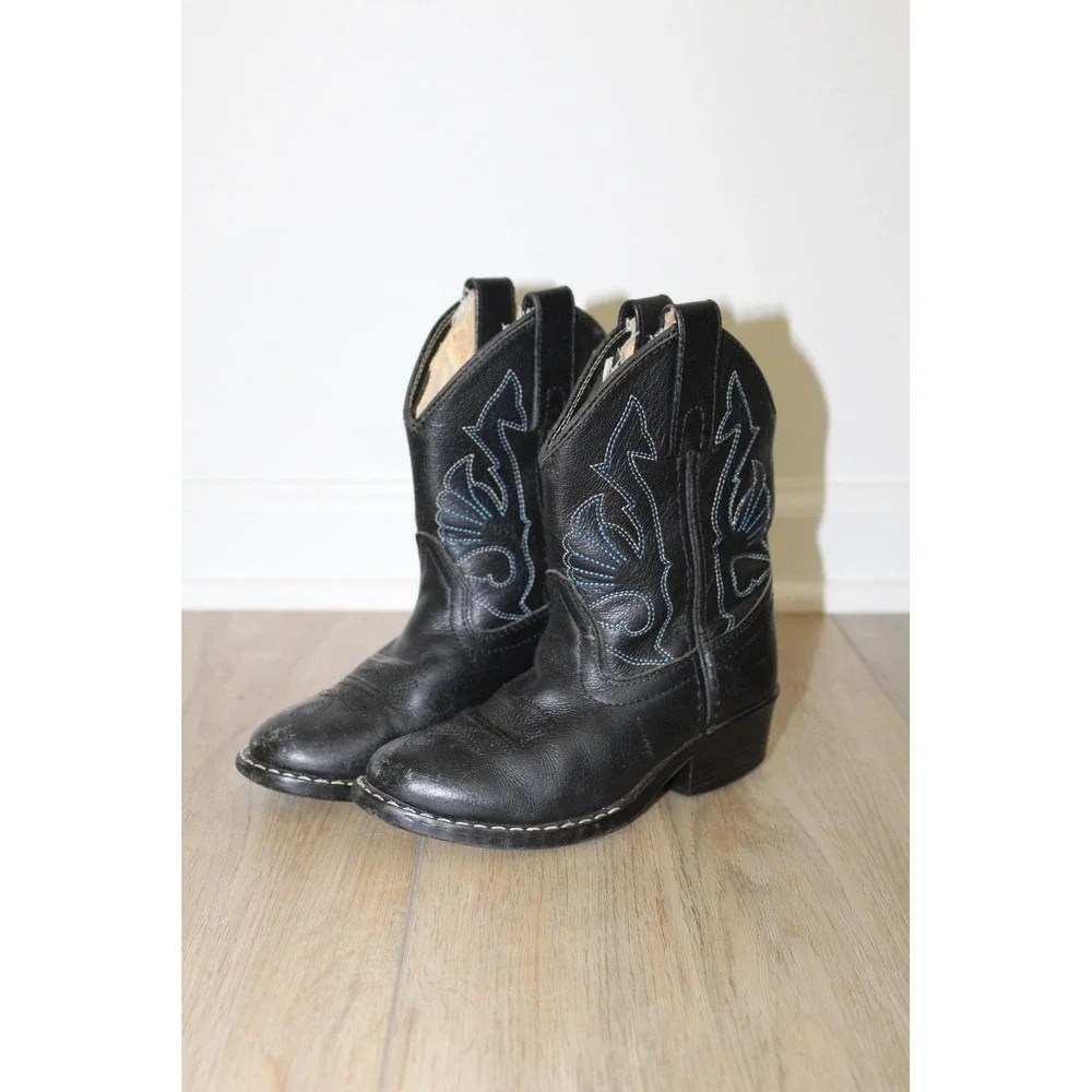 Kids Black Leather Western Cowboy Boots Blue Stitching Round Toe Size‎ 9